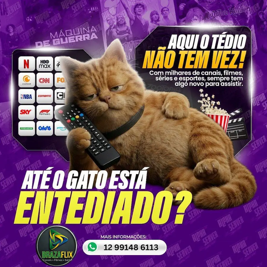 Interface Brazaflix com catálogo de filmes 4K e canais de TV ao vivo liberados